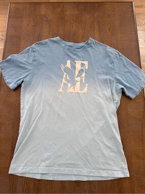 American Eagle Outfitters Light Blue Tee with Cream AE Graphic